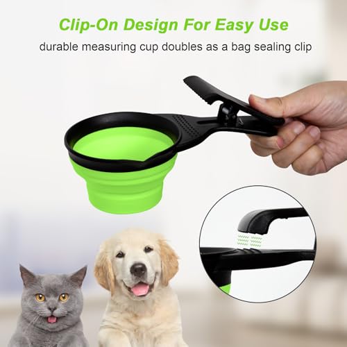 Collapsible Dog Food Scoop Foldable Pet Food Bag Clip 3 in 1 Multi-function Silicone Cat Food Measuring Cup Scoop Dog Food Scooper Pet Food Storage Clip (Green, 2 Cup Capacity(1 Pack)) - color: Green, size: 2 Cup Capacity(1 Pack)
