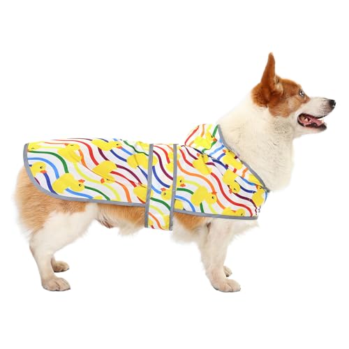 Dog Raincoat for Large Dogs, Waterproof Rain Jacket Coat with Hood and Leash Hole, Polyester, Rainbow Ducks - color: Rainbow Ducks, size: Large