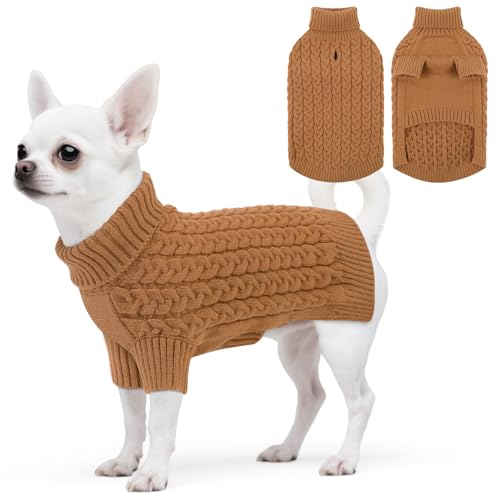 SAWMONG Dog Sweater, Dog Sweaters for Small Dogs Girls Boys, Pullover Turtleneck Knitted Doggy Sweatshirt, Cold Weather Pet Clothes（Khaki, Small - color: Khaki, size: Small