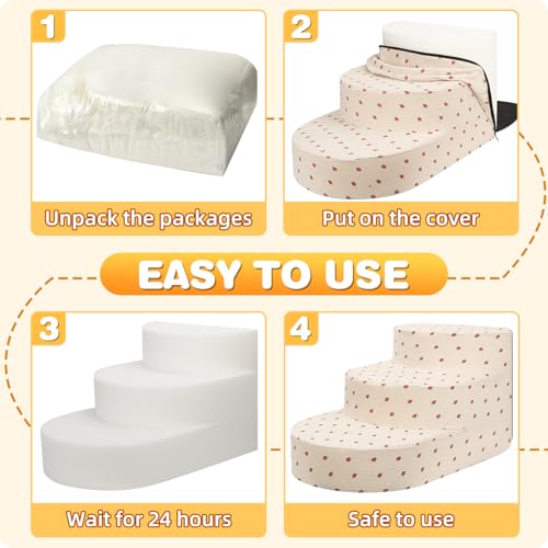 Dog Stairs 3 Steps Foam Pet Ramp for Small Dogs Cats, Strawberry | Non-slip foam stairs with washable cover, ideal for beds & sofas. Sturdy, safe & easy to clean. - color: Strawberry-3-Step