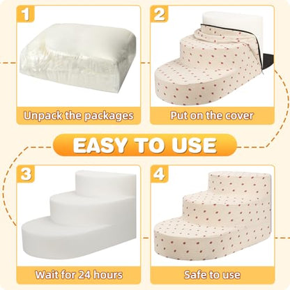 Dog Stairs 3 Steps Foam Pet Ramp for Small Dogs Cats, Strawberry | Non-slip foam stairs with washable cover, ideal for beds & sofas. Sturdy, safe & easy to clean. - color: Strawberry-3-Step