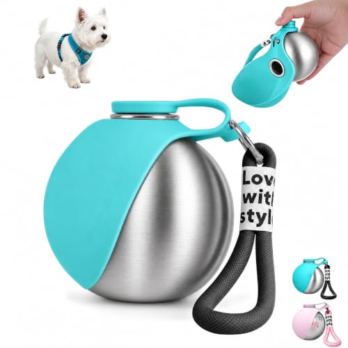 Leak Proof Portable Stainless Steel Dog Water Bottle, Flip-Top Silicone Bowl for Small Dog & Cat, Insulated Hot & Cold Retention, One-Hand Easy Use for Walking & Hiking, 10oz Blue(No Print) - color: Blue