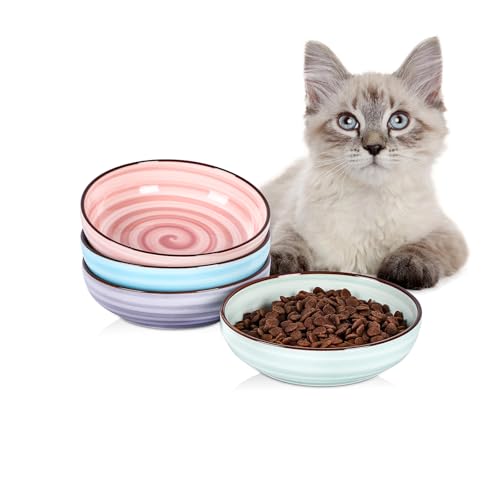 Selamica 세라믹 고양이 그릇 4개 세트, 고양이 사료 그릇 위스커 친화적, 음식과 물용, 14cm(5.6인치) 얕은 넓은 새끼 고양이 접시, 식기 세척기 사용 가능, 그라데이션 색상 - color: 그라데이션 색상, size: 5.6 Inch, Set of 4