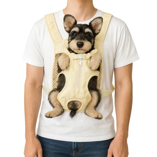 Dog Backpack Carrier, Adjustable Legs Out Front Pet Carrier for Small Medium Dogs, Breathable Mesh Hands-Free Puppy Travel Bag for Hiking Camping Biking Walking, (Cream S) - size: 13.0"L x 11.0"W x 0.7"H