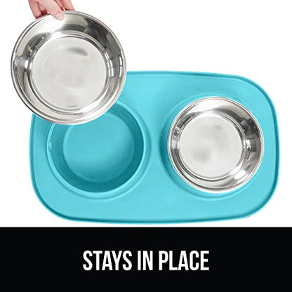 GORILLA GRIP Dog Bowl Set with Slip Resistant Silicone Feeding Mat, 3 Cup, Food Grade 304 Stainless Steel Bowls, BPA Free, High Edge Spill Containment, Dishwasher Safe, Finger Notch Removal, Turquoise - color: Turquoise, size: 3 Cup Bowls