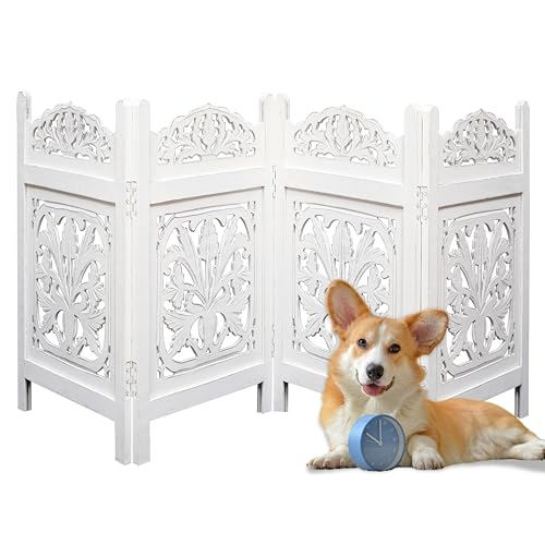 Free Standing Dog Gate – 4 Panel Foldable Wooden pet gate Indoor 72" W x 24" H, Hand-Carved Solid Wood & MDF, Portable Indoor gate for Doorways, Halls, Stairs – Fully Assembled, White Finish - color: White, size: 72"x24" Gamla 4 Panels