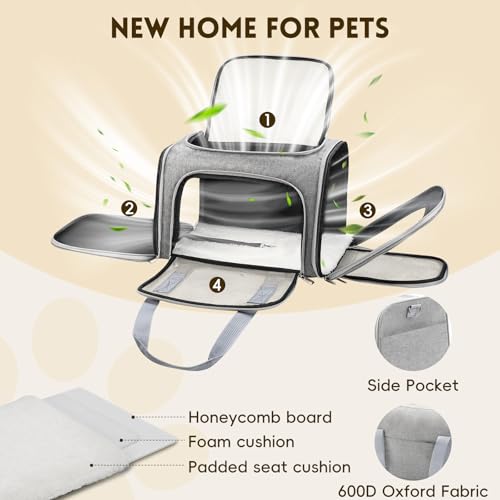 Cat Carrier Soft, Dog Carriers for Small Dogs/Large Cats (Up to 16lbs), with High Breathability, Shoulder Strap, Removable Pad, Pet Carrier Airline Approved, for Home Outdoor Travel (Gray) - color: Gray