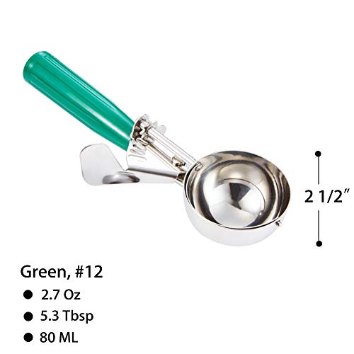 Saebye 2.7 OZ Scoop - #12 (1/3 Cup) - Disher, Ice Cream Soop, Cookie Scoop - Portion Control - 18/8 Stainless Steel, Green Handle, For Cookie, Ice Cream, Meatball, Muffin, Cupcake, Vegetable Salad - size: #12/ 2.7 oz