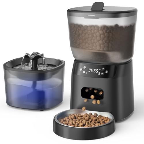 Automatic Cat Feeder and Water Fountain, 4L/16Cups Pet Dry Food Dispenser 2L Water Dispenser, Locking Lid, Programmable Timer 6 Daily Meals, 10s Voice Recorder, Cat Accessories for Puppy Kitten - color: Black, size: 4L/16 Cups