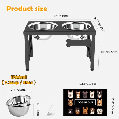 ADENGL 10" Elevated Dog Bowls – Metal Raised Dog Bowl Stand with 2 x 1700ml Stainless Steel Bowls, 1 Slow Feeder & Non-Slip Mat for Dogs - color: Black-L, Slow Feeder, size: Height:10inch
