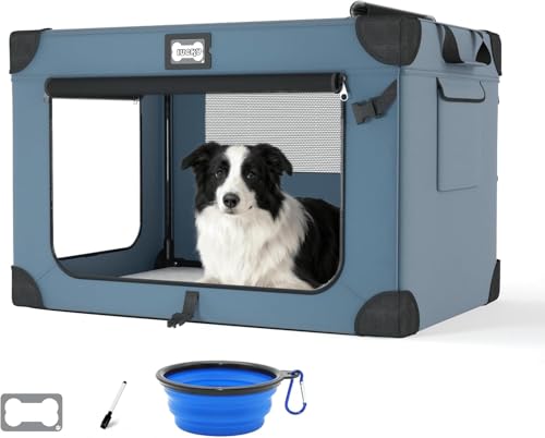 36 Inch Soft Collapsible Dog Crate, Portable Travel Dog Crate for Indoor and Outdoor Use, Oxford Fabric Pet Carrier with Chew-Proof Mesh Window, Warm Blanket and Foldable Bowl, Blue - color: Blue, size: 36.0"L x 25.0"W x 25.0"H