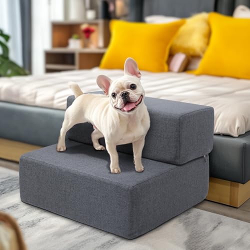 Dog Stairs for Small Dogs 12" H, Modular 2-Step Dog Steps for Bed and Couch, Non-Slip Indoor Pet Stairs for Cats, Pet Step with Washable Cover Grey - size: 2-Step 18"D x 16"W x 12"H