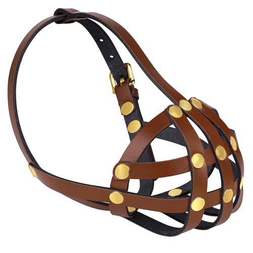 OOPSDOGGY French Bulldog Dog Muzzle for Short Snout Dog - Leather Breathable Secure Basket Muzzle for Frenchie Prevents Biting No Chewing Adjustable (Brown) - color: Brown