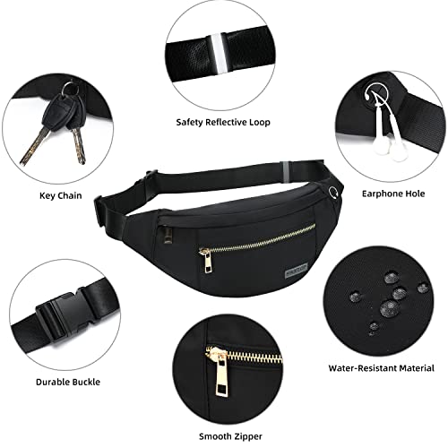 MAXTOP Large Crossbody Fanny Pack with 4-Zipper Pockets,Gifts for Enjoy Sports Festival Workout Traveling Running Casual Hands-Free Wallets Waist Pack Phone Bag Carrying All Phones - color: Black(upgrade Fabric Gold Metal Zipper), style: Large Fanny Pack(