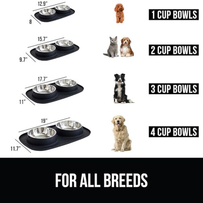 GORILLA GRIP Dog Bowl Set with Slip Resistant Silicone Feeding Mat, 3 Cup, Food Grade 304 Stainless Steel Bowls, BPA Free, High Edge Spill Containment, Dishwasher Safe, Finger Notch Removal, Black - color: Black, size: 3 Cup Bowls