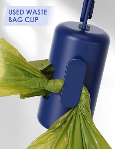 Gobeigo Dog Poop Bag Holder【Convenient Hook for Used Bags】【Silicone Strap Fits Any Leash】【Large Opening for Easy Dispensing】with 1 Roll Waste Bags (Blue) - color: Blue