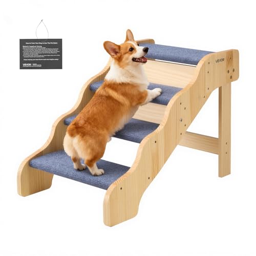 VEVOR Wood Pet Stairs, 4-Step Dog Stairs for High Beds, Sofa & Cars, 150lbs Load Capacity, Non-Slip Surface, Stable Cat & Dog Step Ladder for Small Medium Large Older Pet Puppy Essentials - color: Wood Color+Blue, size: 4-Step Fixed