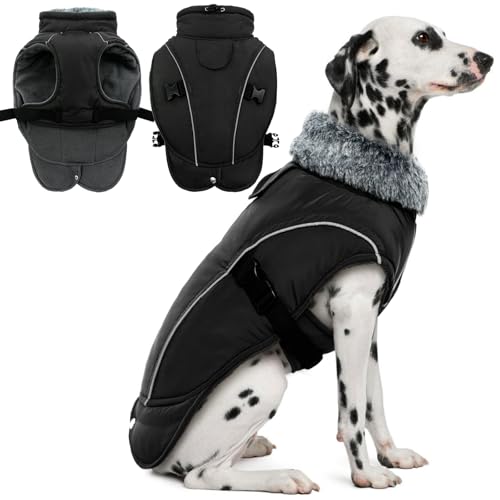 DENTRUN Warm Dog Winter Coat, Easy On Reflective Turtleneck Fleece Jacket | Adjustable buckle, easy on off, windproof & water-repellent, thick fleece snowsuit, outfit fits small to large breeds - color: Black, size: Large