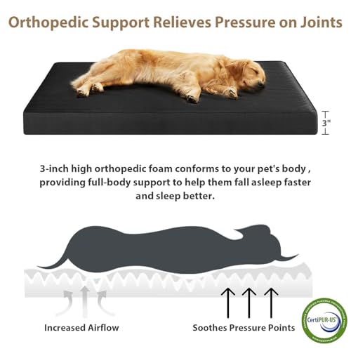 RRPETHOME 3" Chew Proof Indestructible Dog Bed for Large Aggressive Chewers,Durable Tough Fabir Chew Resistant Crate Dog beds for Large Dog & Puppy,Orthopedic Egg Foam Kennel Mat Pad Black 55x42x4