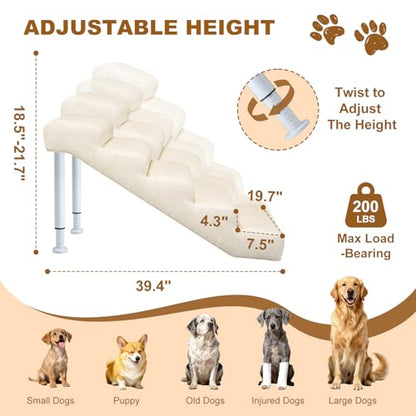 Adjustable Dog Stairs & Ramp for Cats and Dogs, 5-Step Pet Stairs for High Beds and Couch, 18.5"–23.6" Height, Linen Faux Leather, Waterproof, Scratch-Resistant, Non-Slip Indoor Pet Ramp