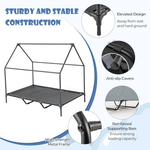 PETSITE 52 inch Dog House, Elevated Dog House Outdoor with Ventilated Windows, Removable Weatherproof 600D Oxford Canopy and Raised Mesh Dog Bed, Dog Tent, X-Large, 52 x 33 x 45 inch