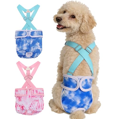 Washable Female Dog Diapers with Suspender, Reusable Dog Diapers Absorbent Leakproof(Tie-Dye Dark Blue/Tie-Dye Dark Pink M, 2Pcs), Intended for Female in Heat Cycle - color: Tie-Dye Dark Blue/Tie-Dye Dark Pink, size: M