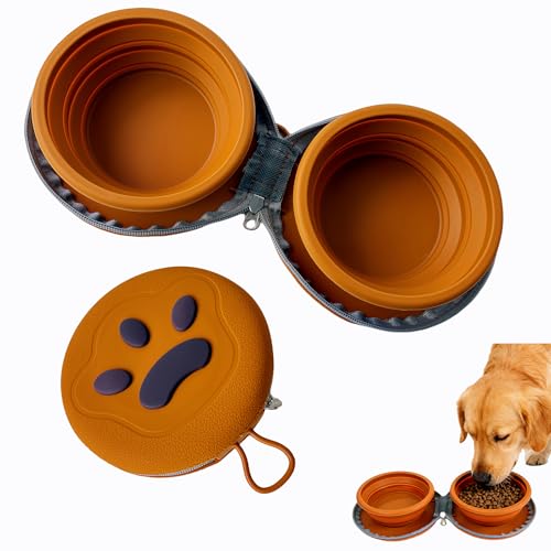 Collapsible Dog Bowls, Portable Dog Bowl, Travel Water Bowl for Dogs Camping Essentials, 2-in-1 Water Food Feeder Double Bowl for Traveling Camping Walking Hiking (Brown) - color: Brown