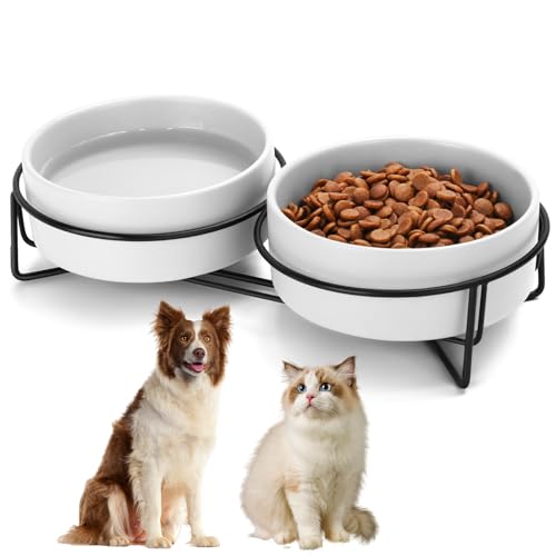 Ceramic Dog and Cat Bowl Set with Stand, 3.6 Cups Dog Food and Water Bowl Suitable for Small and Medium Pets (28.7oz White) - color: White, size: 28.7oz