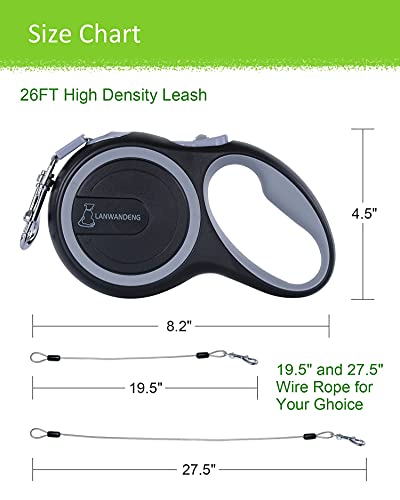 26FT Chew Proof Retractable Dog Leash with 2 Heavy Duty Anti-Chewing Wire Ropes, 360° Tangle-Free Dog Lead with Anti-Slip Handle for Medium/Large Dogs up to 110 lbs Gray - color: Gray