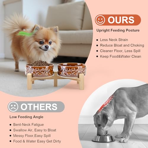 SPUNKYJUNKY Elevated Dog Bowls Ceramic, 5.1'' Dogs and Cat Food Water Bowls Raised with Non-Slip Bamboo Stand for Puppy Small Sized Breed Microwave Dishwasher Safe - 13.5 OZ,Skull Bronze - color: Bronze - Skull, size: 5.1 in - 1.7 cups