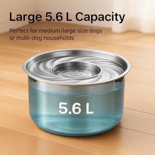 Large Stainless Steel Slow Feeder Dog Bowl with Lid – 198oz/5.6L No Spill Water Dispenser – Slobber Stopper for Healthy Slow Drinking – Non-Slip Pet Bowl for Travel, Kennels and Crates - size: 198 oz (5.6 L)