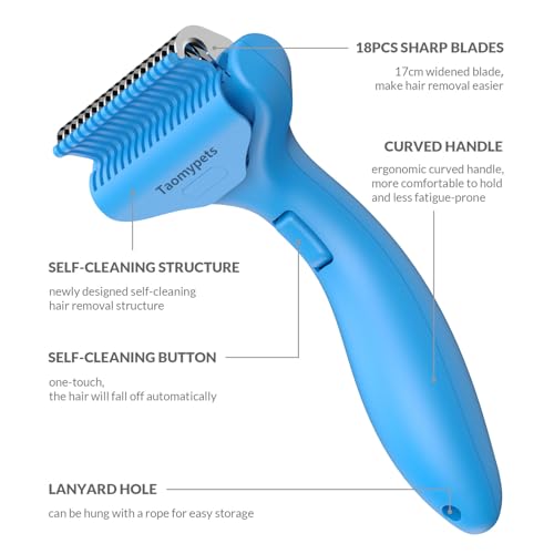 Self Cleaning Grooming Rake Brush for Shedding Gently Removes Loose Undercoat Mats Tangled Deshedding Grooming Tool for Dogs Cats Extra Wide (Blue) - color: Blue