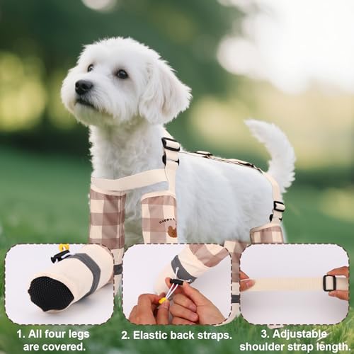 Anti Dirt Pants for Small Dogs, Upgraded Adjustable Suspender Non-Slip Dog Shoes Dust-Proof Waterproof Full-Leg Paw Protectors Rain Boots for 8-15lbs Dogs Outdoor Walking & Hiking (Off White)