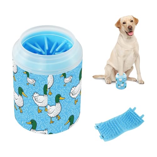 Duck Blue Pattern Dog Paw Cleaner Cup with Soft Silicone Brush, Small Portable Lightweight Muddy Paw Washer for Dogs, Easy to Use Pet Foot Cleaner