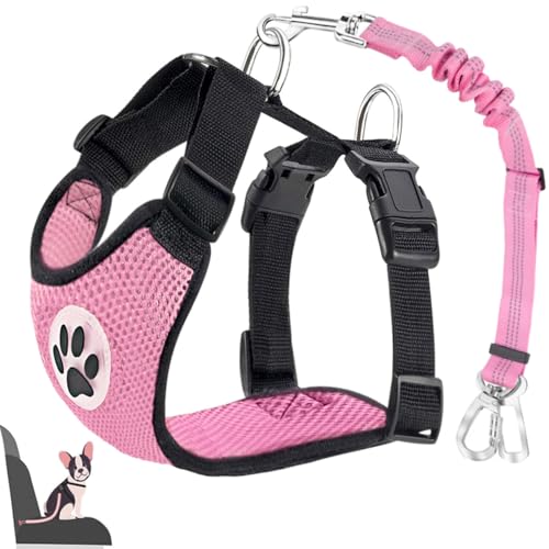 Lukovee Dog Car Harness Seat Belt, Adjustable Mesh Breathable Vest with Elastic Bungee Tether, Soft Padded 2-in-1 Safety Car Harness Seatbelt for Small Medium Large Dogs (A-Pink,XXS) - color: A-Pink, size: XX-Small