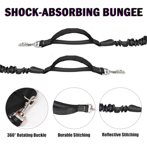 Hands Free Dog Leash for 2 Dogs, Adjustable Waist Belt, Reflective Stitching Leash with Double Padded Handles for Running, Hiking - color: Black