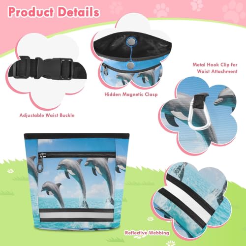 Dolphin Water-Resistant Dog Treat Pouch, 3 Ways to Wear Treat Bag with Magnetic Closure & Reflective Strip, Hands-Free for Pet Training, Walking