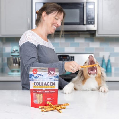 Wild Eats Real Salmon Collagen Bully Sticks for Dogs, 25 Pack, Long Lasting | Rawhide and grain free no hide chew treats, high protein recipe, satisfies natural gnawing urges, suits all breeds and sizes - size: 5.7 Ounce (Pack of 25)