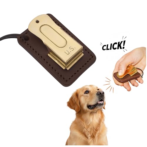 Mythrojan Brass and Steel Pet Training Clicker Puppy Dog Training Cricket Clicker U.S. Engraved WII Military Gear Metal Clicker (Clicker with Leather Gripper) - style: Clicker (with Leather Gripper)