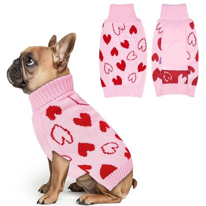 cyeollo Dog Valentines Outfit, Soft Knitted Stretchy Dog Sweaters for Small Dogs Girl, Warm Turtleneck Pullover, Comfy Pet Clothes with Leash Hole, Heart Pattern Holiday Dogs Sweater, Pink S - color: 2# Valentine's, size: Small