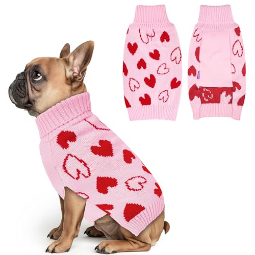 cyeollo Valentines Dog Sweater, Warm Turtleneck Dog Valentines Outfit, Soft Stretchy Knit Pullover Dog Sweaters for Small Dogs Girl, Heart Pattern Holiday Doggie Pet Clothes with Leash Hole, Pink M - color: 2# Valentine's, size: Medium