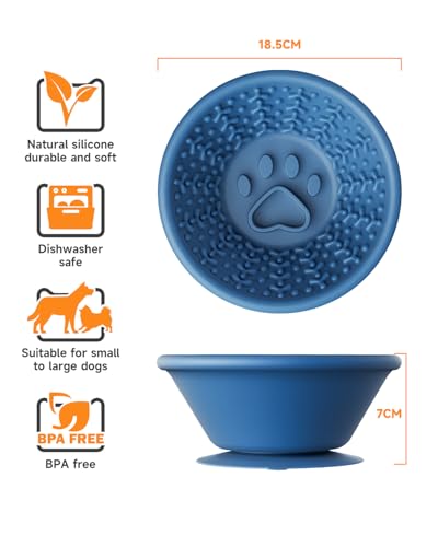 Dog Lick Bowl, Non-Slip Slow Feeder Licking Mat & Treat Dispenser (Wide Bowl Mouth w/Inlaid Stainless Steel Ring) - Interactive Toys, Anxiety Reducer, Freeze Bone for Dogs, BPA Free Silicone(Blue) - color: blue