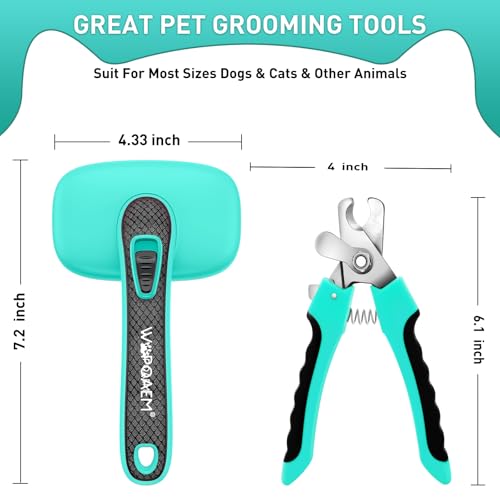 Self Cleaning Slicker Brush & Nail Clippers for Dog and Cats | 2 Pcs, Shedding Long and Short Haired Pets, Skin Friendly, Deshedding Grooming Tool - color: Green 2pc