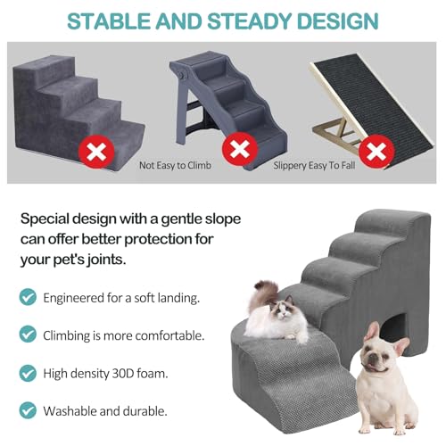 Dog Stairs for High Bed, Dogs Stairs for Small Dog, 6 Tiers Steps for Dogs to Get on Beds, 30 inches L Shape Pet Step Ramps for Old Cats, Injured Pets and Small Puppy