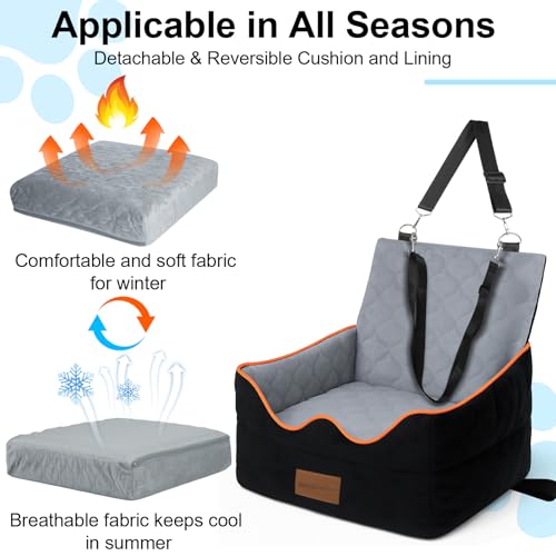 Dog Car Seat for Small/Medium Dogs Under 35lbs, Pet Booster Seat with 4In Memory Foam Cushion, Fully Detachable and Washable, Travel Dog Carseat with Storage Pocket and Safety Belt