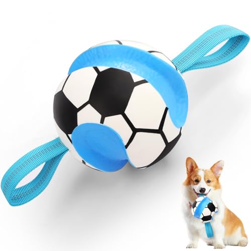 Dog Toys Balls, Interactive Dog Soccer Ball with Pull Straps, Bouncing Water Toy, Durable Training Toy for Small Medium Pets, Puppy Toy for Indoor Outdoor Play - color: Blue White