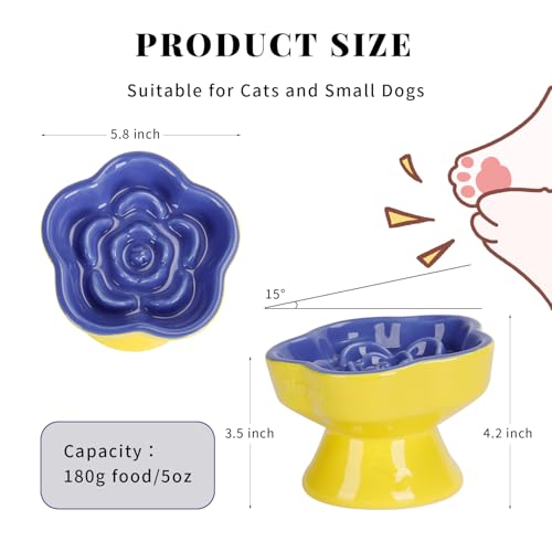 S&Q's CERAMICS Raised Slow Feeder Cat Bowl, Ceramic Elevated and Titled Pet Food Bowl, Small Dogs Slow Feeder, Flower Shaped Dish for Dry and Wet Food (Blue, 5.8") - color: Blue