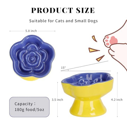S&Q's CERAMICS Raised Slow Feeder Cat Bowl, Ceramic Elevated and Titled Pet Food Bowl, Small Dogs Slow Feeder, Flower Shaped Dish for Dry and Wet Food (Blue, 5.8") - color: Blue