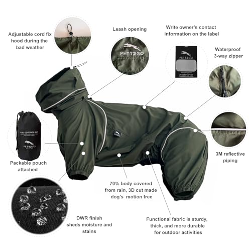 Dog Lightweight Windbreaker, Dog Outdoor 4-Legs Jacket, 0.5 lbs,Durable Water Repellent, Hooded, Easy on/Off with Collar and Harness, Reflective, Packable,Dark Olive (X-Small) - size: X-Small