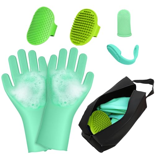 7PCS Dog Washing Gloves | Dog Bath Brush | Storage Bag | Dog Finger Toothbrush for Short & Long Haired Dogs & Cats | Efficient Deshedding Bathing & Massaging, Suitable for Pets (Sage Green) - color: Sage Green